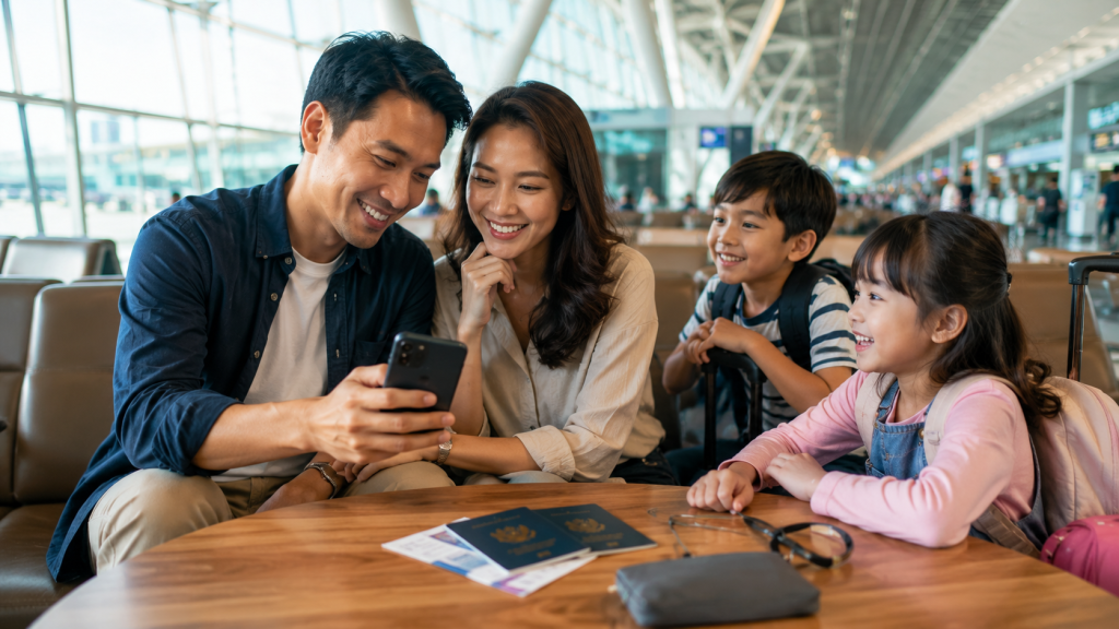 Keluarga Indonesia mempersiapkan Singapore Arrival Card sebelum keberangkatan