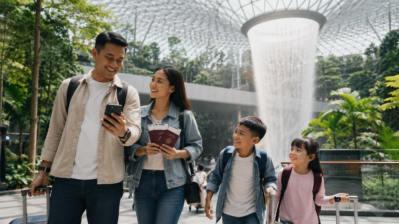 Keluarga Indonesia mempelajari aturan penting di Singapore setelah tiba di Changi Airport.