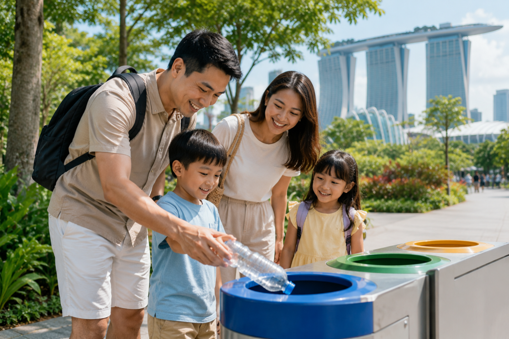 Ayah mengajarkan anak membuang sampah pada tempatnya saat liburan di Singapore.