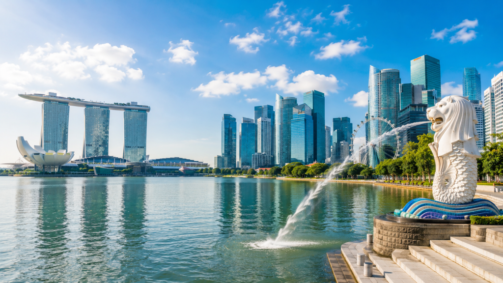 Panorama kota Singapore dengan ikon wisata terkenal.