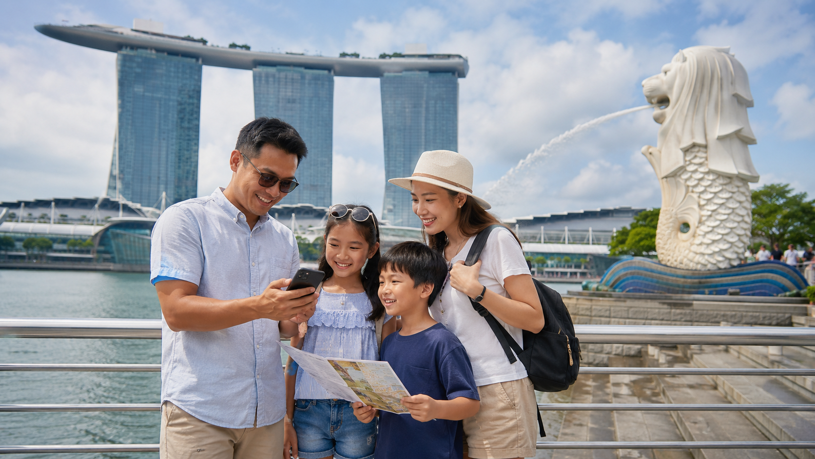 Keluarga Indonesia menikmati traveling low budget ke Singapura di Marina Bay.