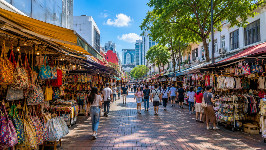 Suasana Bugis Street Singapore dengan deretan toko belanja.