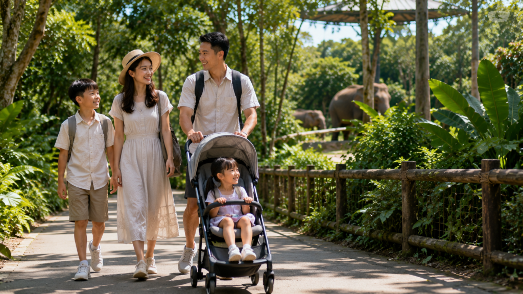 Keluarga menggunakan stroller di Singapore Zoo