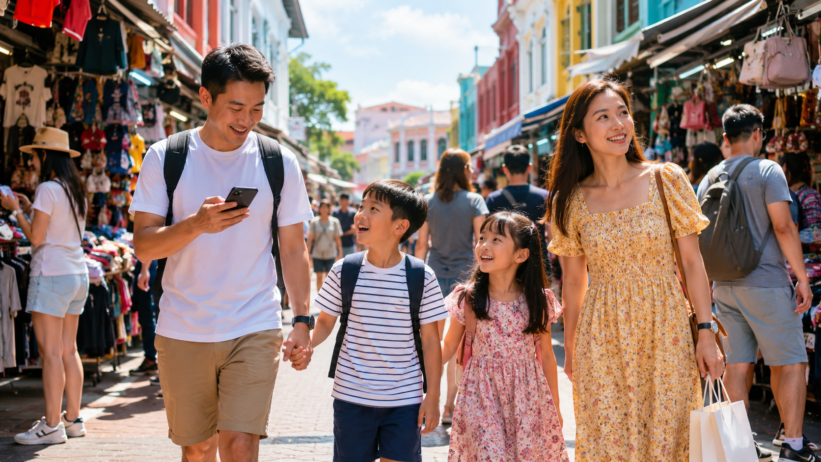 Keluarga Indonesia menikmati suasana ramai Bugis Street Singapore.