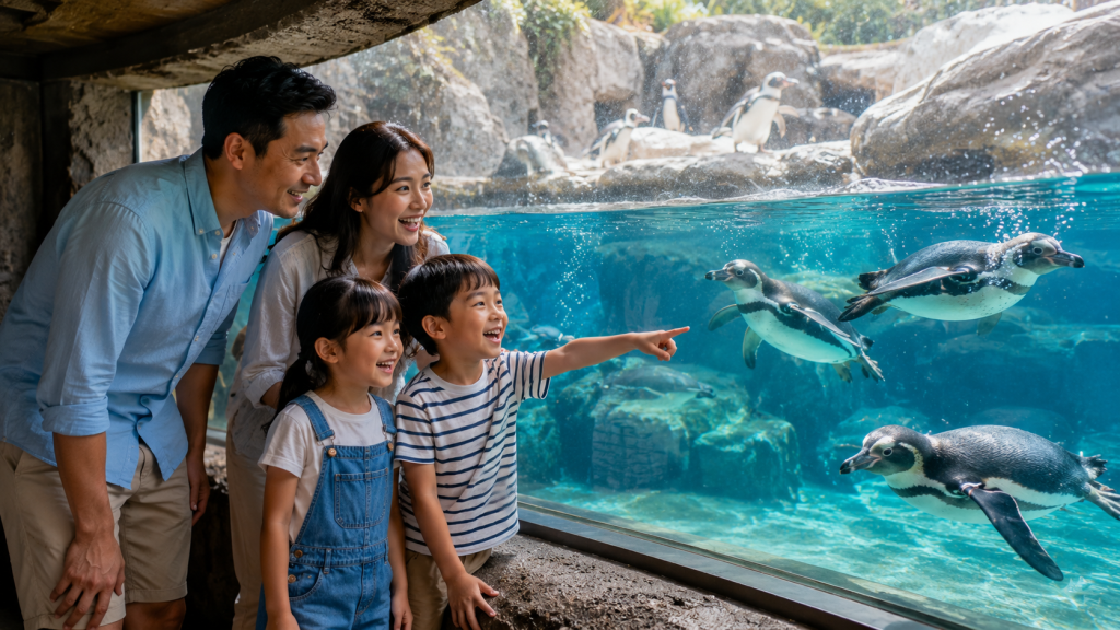 Keluarga melihat penguin di Bird Paradise Singapore.