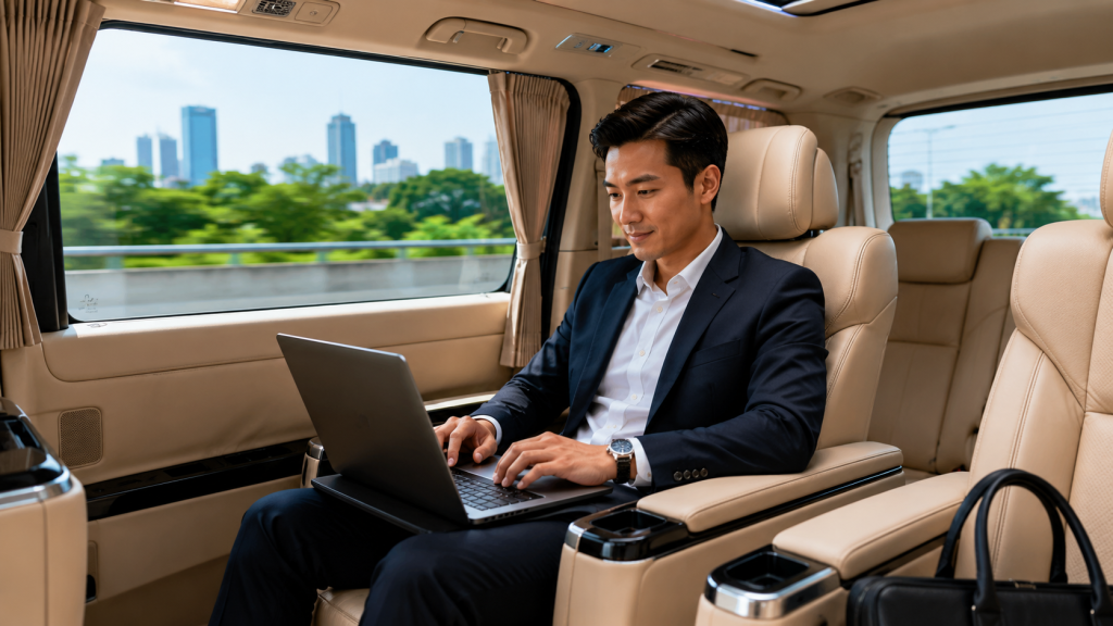 Pebisnis Indonesia bekerja selama perjalanan private charter menuju Johor Bahru