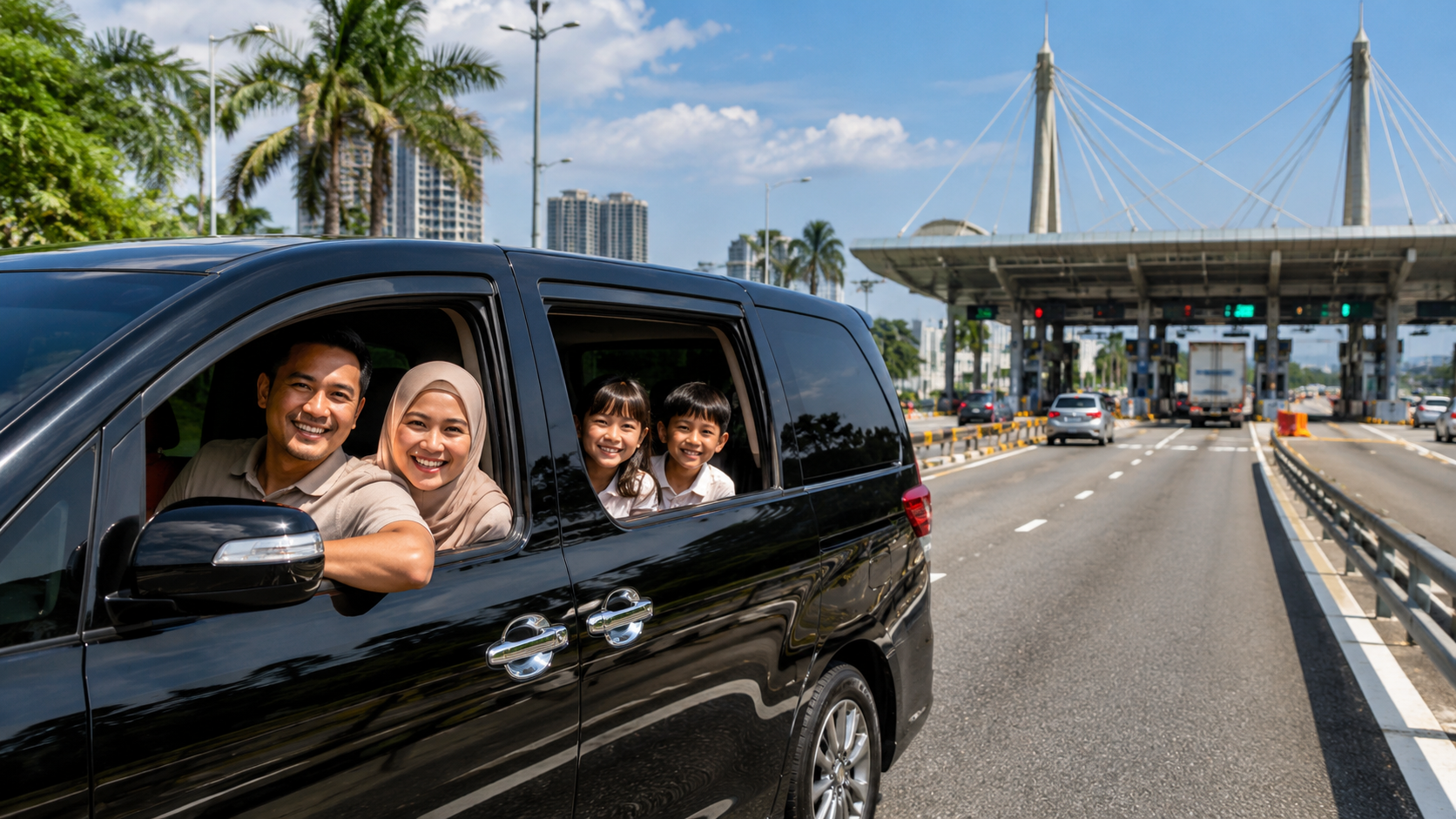 Keluarga Indonesia melakukan cross border trip dari Singapore ke Johor Bahru menggunakan private charter