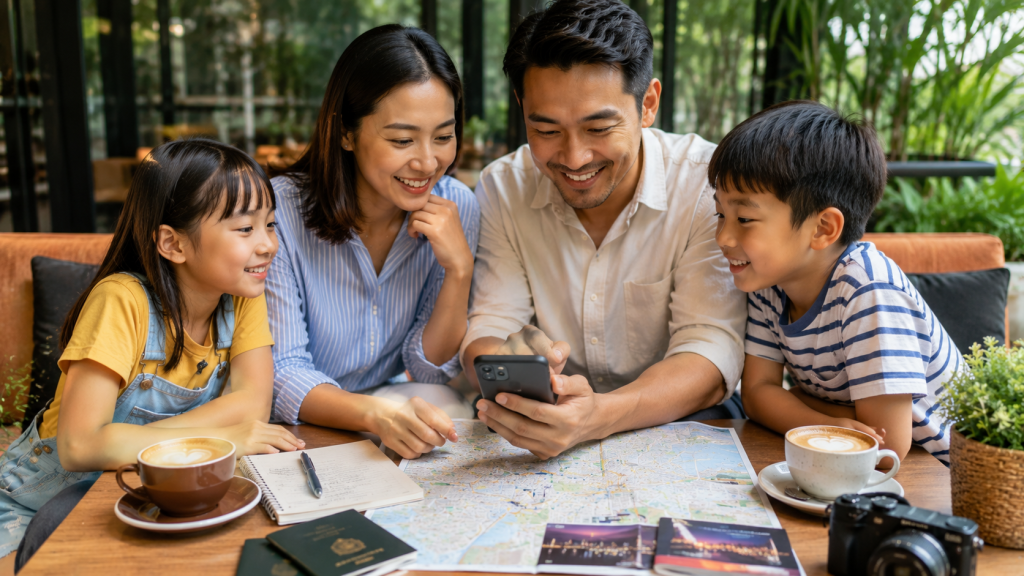 Keluarga Indonesia menyusun itinerary wisata Kuala Lumpur.