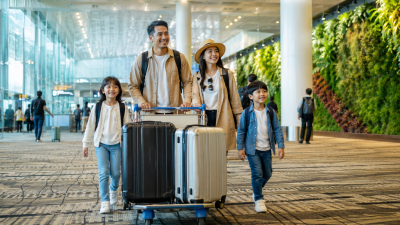 Keluarga Indonesia membawa koper besar saat tiba di Changi Airport Singapore untuk liburan.
