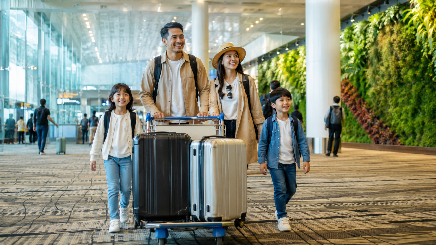 Keluarga Indonesia membawa koper besar saat tiba di Changi Airport Singapore untuk liburan.
