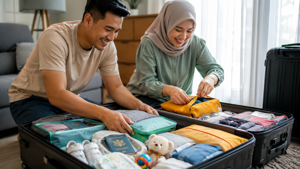 Packing koper besar menggunakan packing cube sebelum liburan ke Singapore.