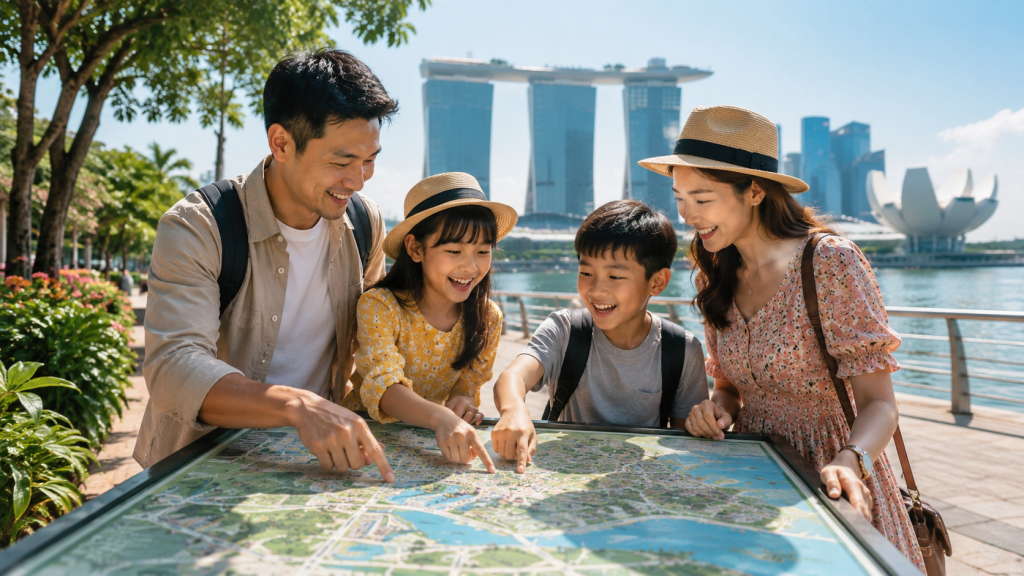 Keluarga Indonesia menentukan area wisata dalam itinerary Singapore.