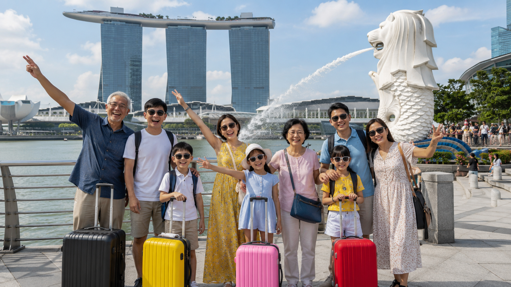 Liburan keluarga Indonesia bersama rombongan di Merlion Park Singapore.
