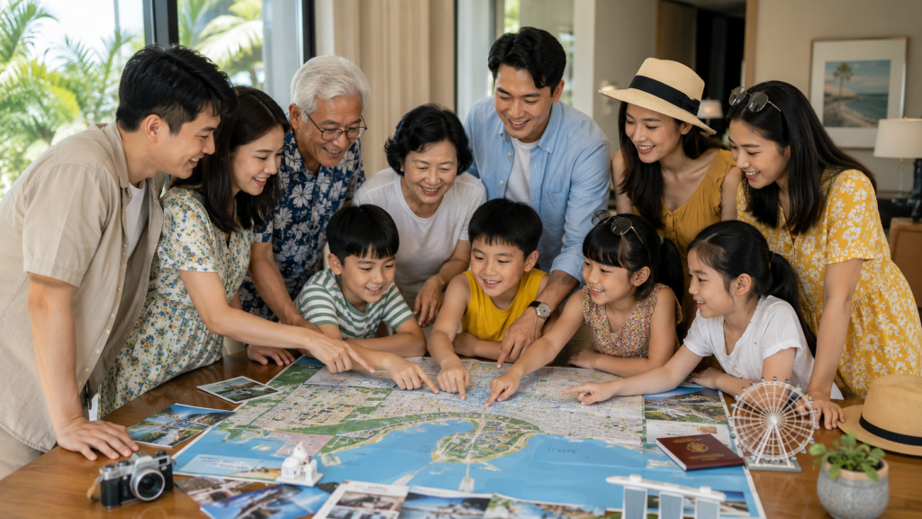 Keluarga Indonesia menyusun itinerary Singapore bersama.