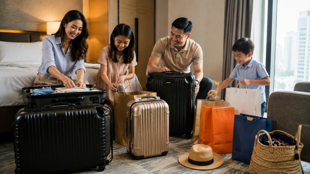 Keluarga Indonesia mengatur koper dan belanjaan di hotel Singapore.