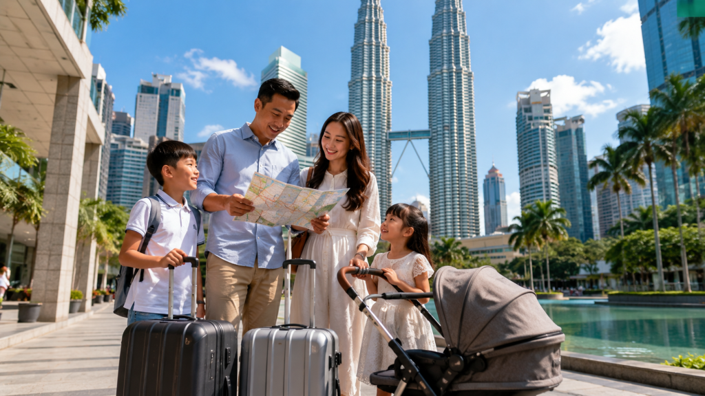 Keluarga Indonesia membawa koper dan stroller saat berlibur di Kuala Lumpur.