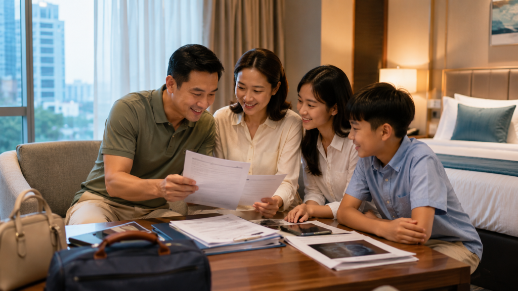 Keluarga Indonesia beristirahat di hotel setelah medical check-up di Johor Bahru.