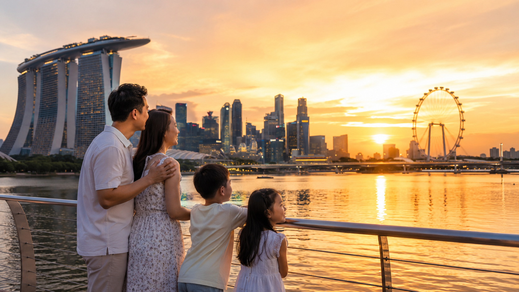Keluarga Indonesia menikmati skyline Singapore di Marina Bay saat matahari terbenam.