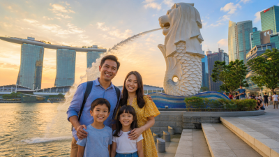 Keluarga Indonesia menikmati liburan di Merlion Park Singapore dengan latar Marina Bay Sands.