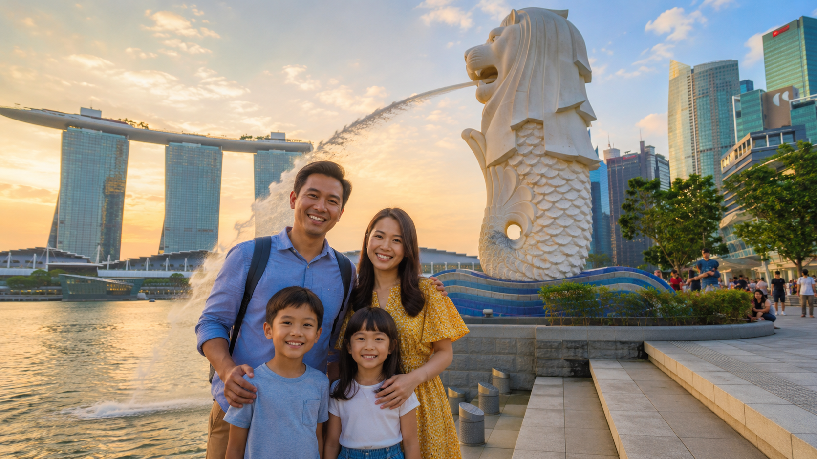 Keluarga Indonesia menikmati liburan di Merlion Park Singapore dengan latar Marina Bay Sands.