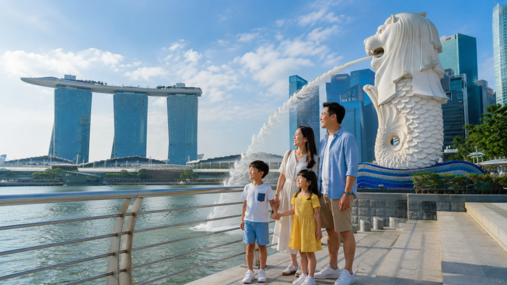 Keluarga Indonesia menikmati pemandangan Marina Bay dari Merlion Park Singapore.
