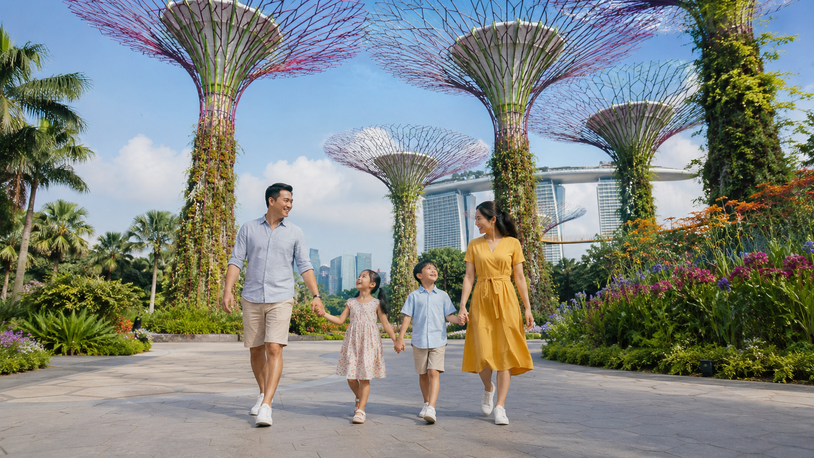 Keluarga Indonesia menikmati wisata outdoor Singapore selain Sentosa di Gardens by the Bay.