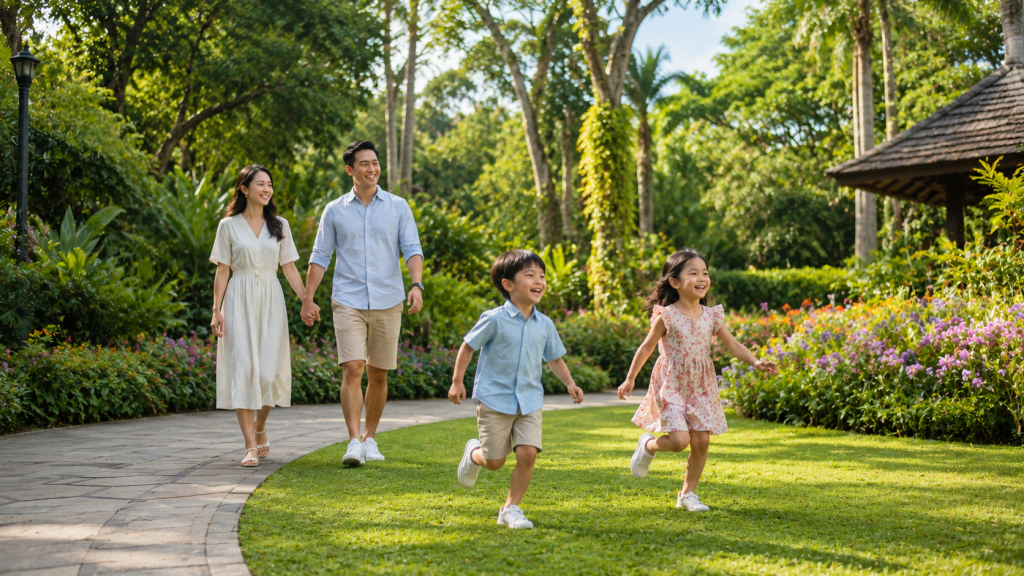 Keluarga menikmati taman hijau di Singapore saat liburan.