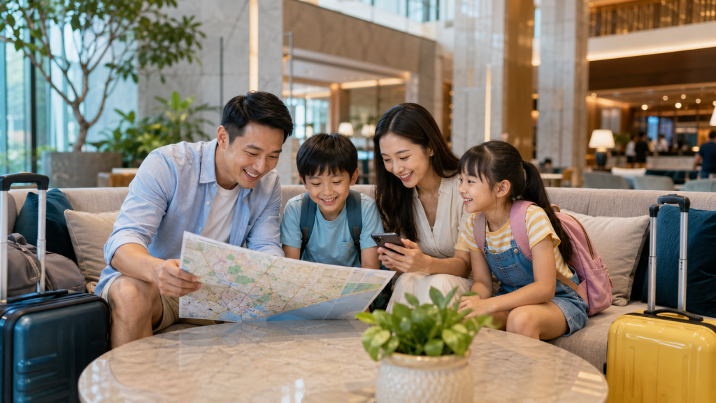 Keluarga merencanakan itinerary wisata outdoor Singapore.