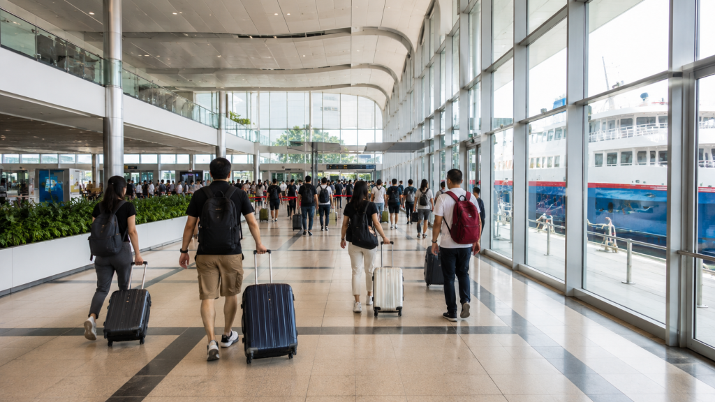 Area kedatangan Singapore Cruise Centre menuju pemeriksaan imigrasi