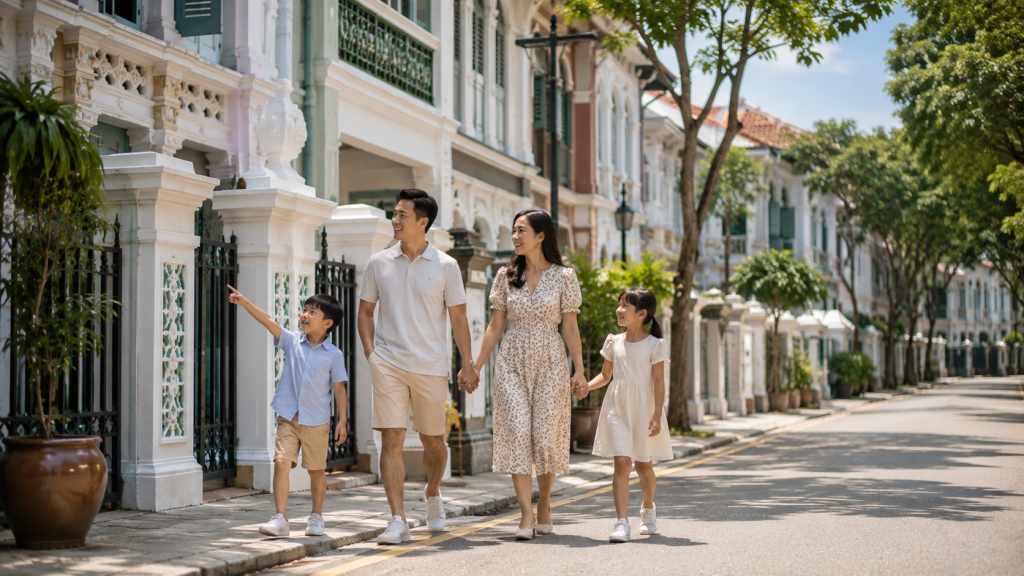Keluarga Indonesia menikmati walking tour di kawasan heritage Singapore.