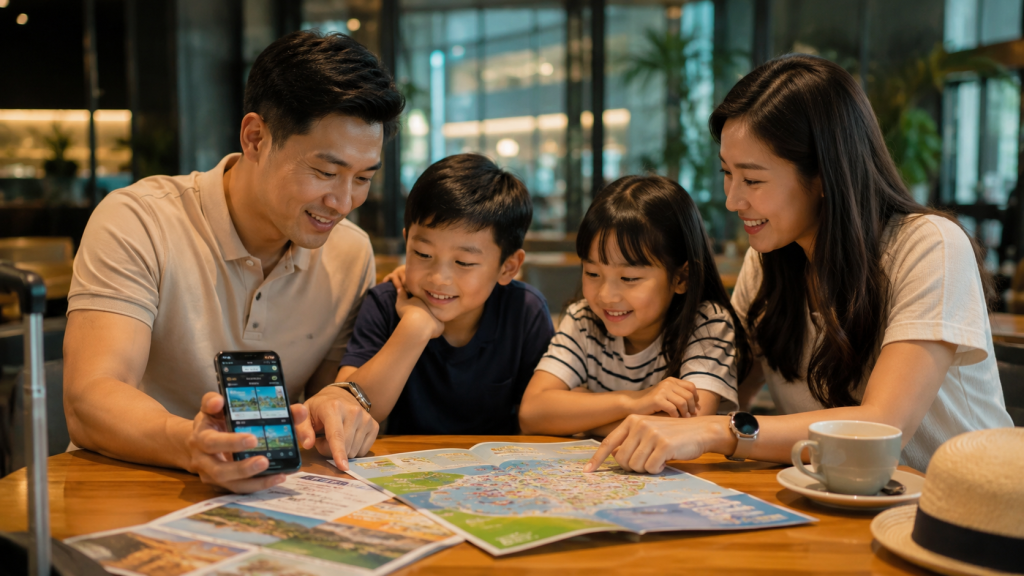 Keluarga Indonesia merencanakan itinerary menggunakan Singapore Pass.