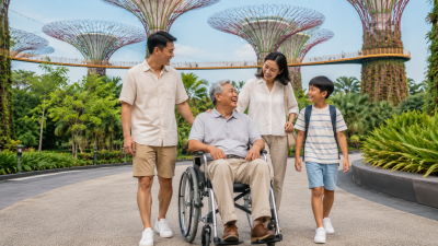 Keluarga Indonesia bersama pengguna kursi roda menikmati Gardens by the Bay Singapore dengan jalur akses yang nyaman.
