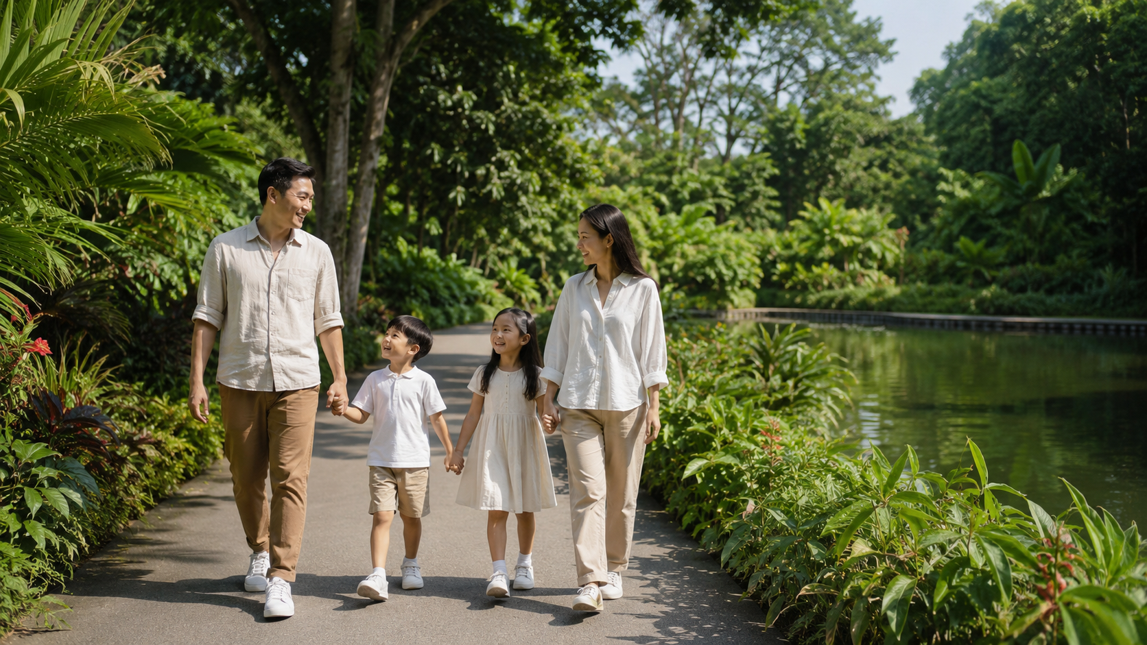 Keluarga Indonesia menikmati suasana tenang di Singapore Botanic Gardens tanpa banyak antrean.