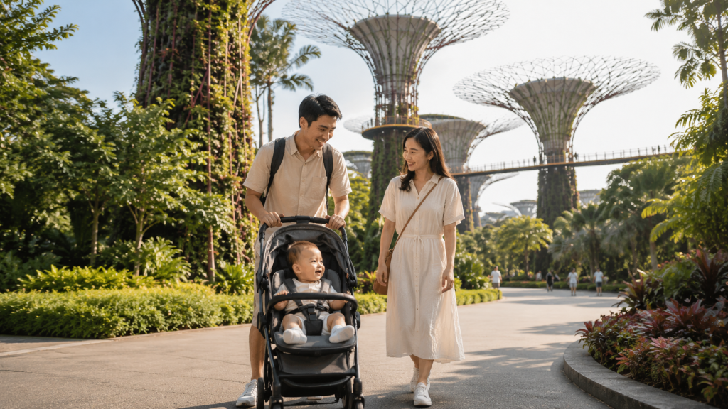 Keluarga Indonesia menikmati Gardens by the Bay bersama bayi