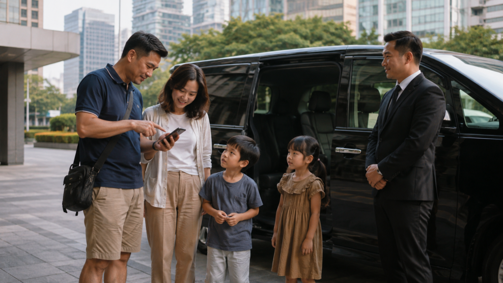 Keluarga menentukan durasi city tour Kuala Lumpur dengan mobil dan sopir