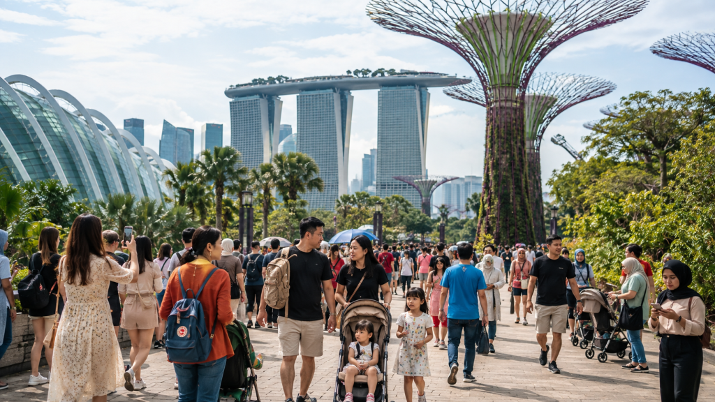 Suasana tempat wisata Singapore saat peak season dan musim liburan