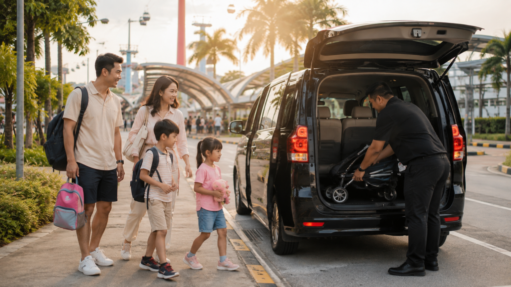 Transportasi keluarga setelah mengunjungi Universal Studios Singapore
