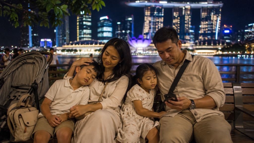 keluarga beristirahat saat wisata Singapore malam hari bersama anak