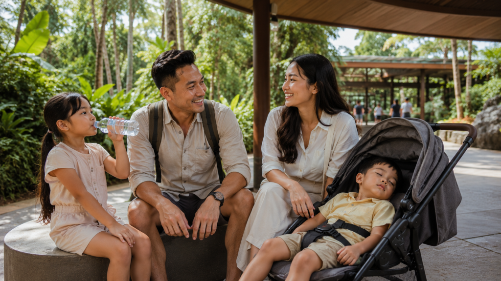 Keluarga dengan balita beristirahat saat wisata Mandai Singapore