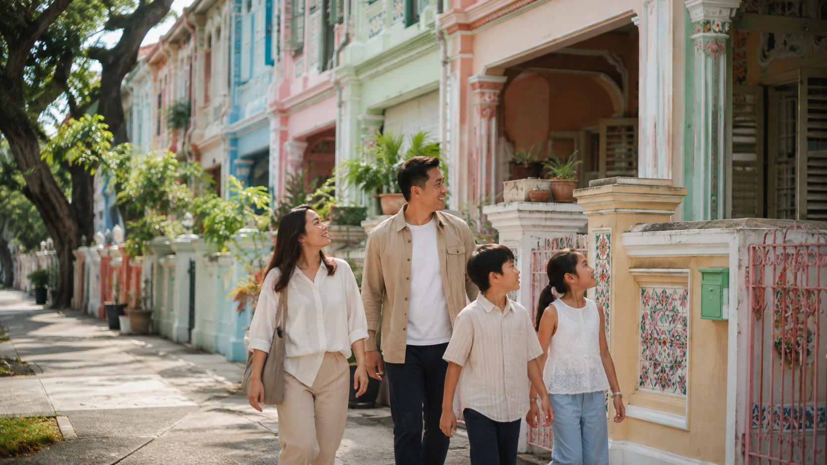 Keluarga Indonesia menjelajahi neighborhood lokal Singapore