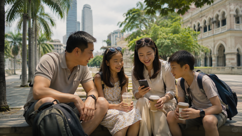 keluarga Indonesia beristirahat saat city tour Kuala Lumpur