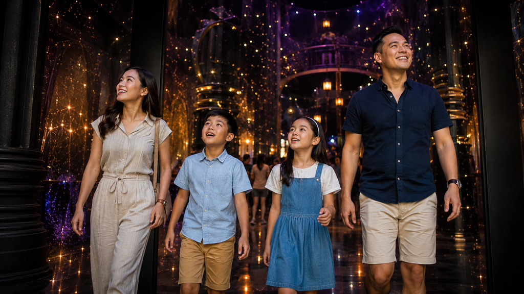 Keluarga menikmati pengalaman immersive Harry Potter Visions of Magic Singapore