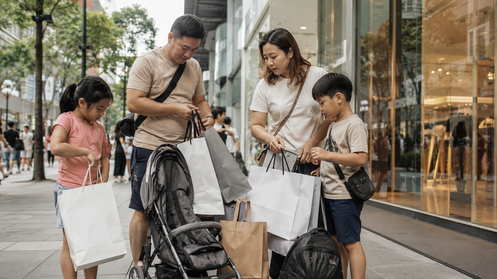 Keluarga membawa banyak barang belanjaan saat shopping di Singapore