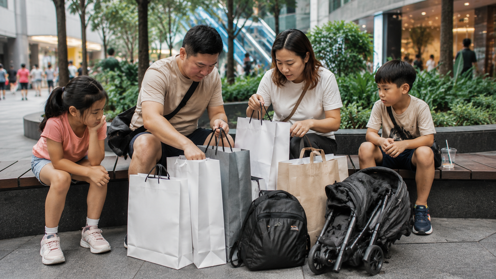 Keluarga merapikan barang belanjaan saat shopping di Singapore