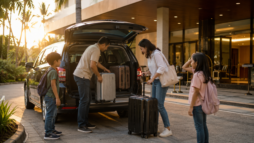 Keluarga tiba di hotel setelah langsung wisata dari bandara