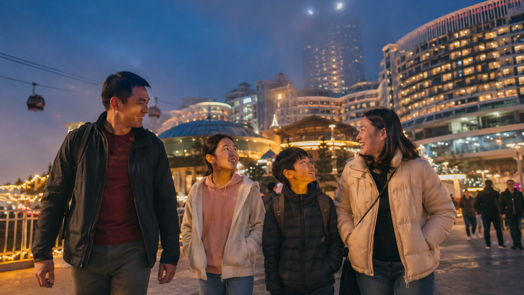 Keluarga Indonesia menikmati wisata Genting Highlands malam hari