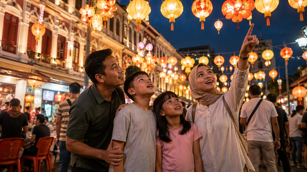 Anak menikmati dekorasi lampion Mid-Autumn Festival di Chinatown Singapore