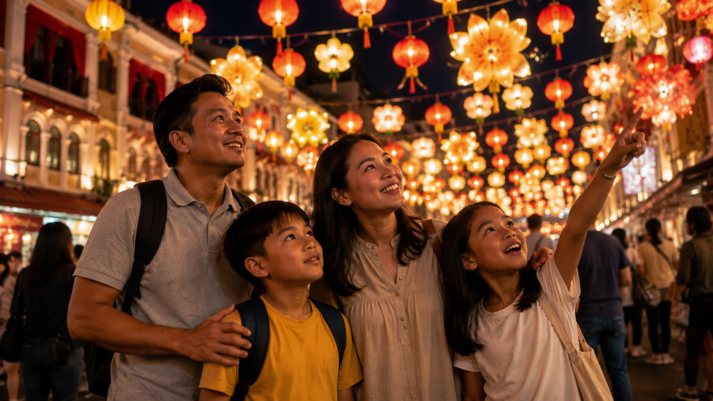 Keluarga dengan anak menikmati festival lampion di Chinatown Singapore