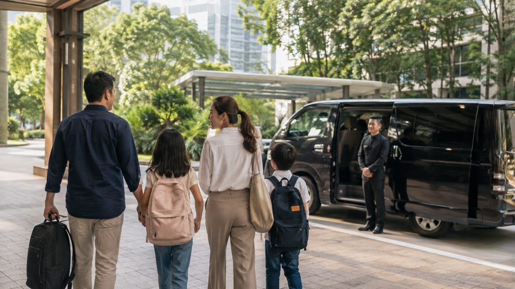 Keluarga Indonesia menggunakan mobil dengan sopir untuk wisata Kuala Lumpur