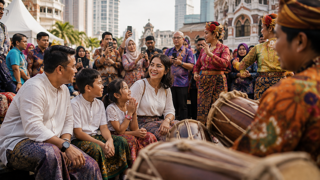 Keluarga dengan anak menikmati pertunjukan budaya Malaysia di Kuala Lumpur